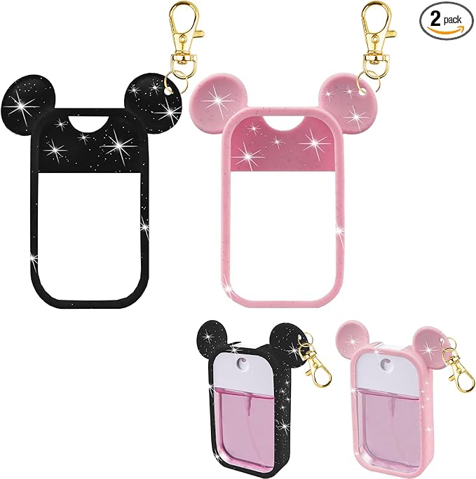 TERPINK 2 Pack Silicone Case Compatible with Touchland Hand Sanitizer Spray 1 fl oz, Mouse Design Protective Case with Keychain, Hand Sanitizer Spray Accessory (Glitter Sequin Black+Pink)