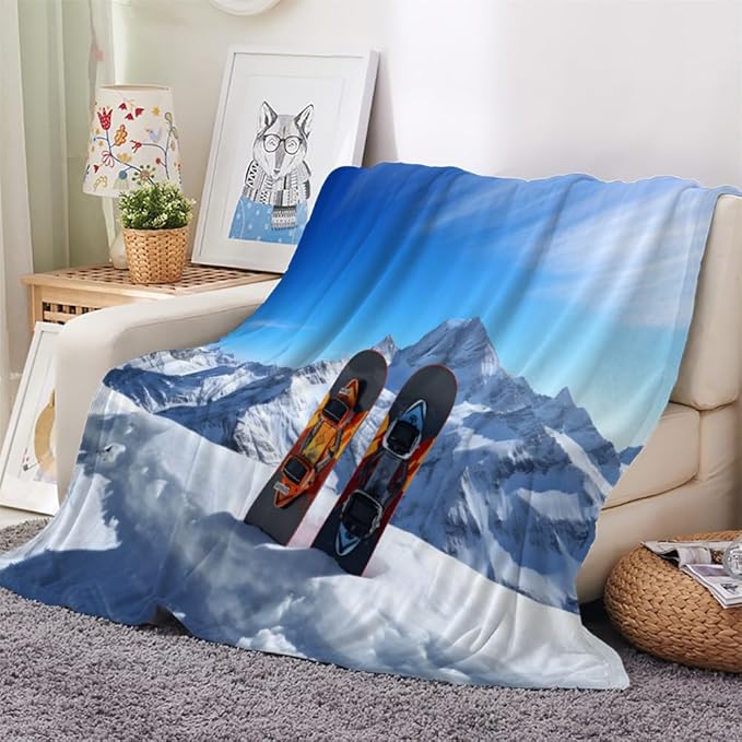 Snowboard Blanket Queen Size, Snow Mountain Fleece Blanket for Couch Bed Sofa, Winter Snow Scenery Blankets and Throws, Sports Super Soft Cozy Plush Flannel Blanket 90x90, Decor & Gift