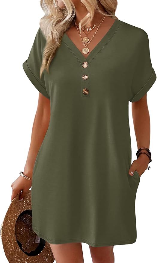 WIHOLL Summer Dresses for Women with Sleeves Midi Dress Button Down Beach Vacation Casual Dresses Fashion Clothing