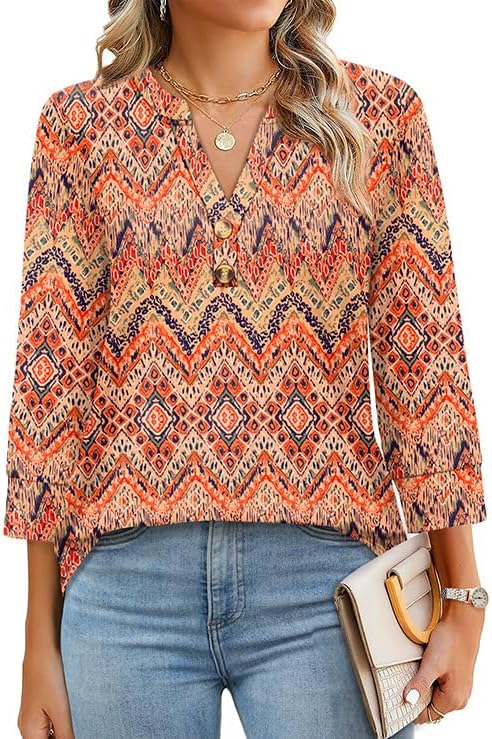 OFEEFAN Womens Tops 3/4 Sleeve Henley Shirts for Women Summer Outfits Fashion Clothing