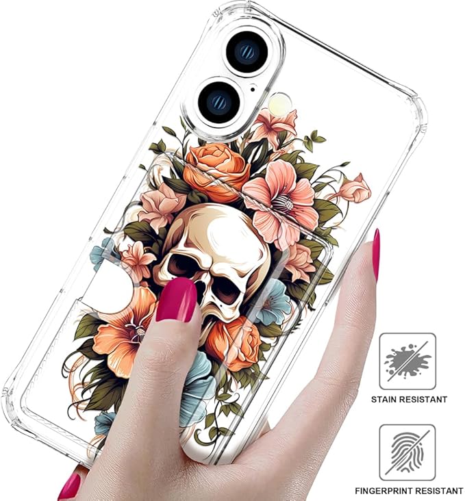 Compatible with iPhone 17 Case Card Holder for Women Cute Design,Wallet Phone Cases Transparent Cool Kawaii Protective (Clear Skull & Flowers)
