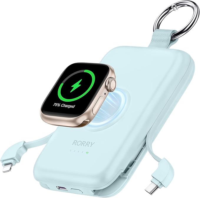 RORRY Portable Charger, 10000mAh PD 20W Fast Charging Portable Charger Power Bank with Built in Cables, Travel Battery Pack for iPhone and Apple Watch Ultra/11/10/9/8/7/6/5, Sky Blue