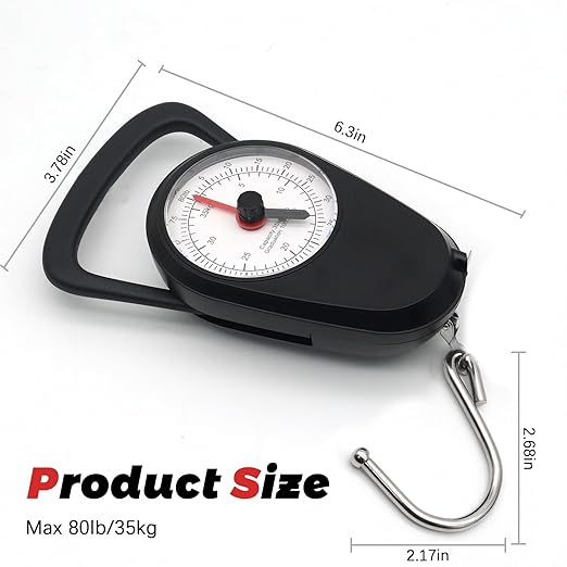 2PC Portable Luggage Weight Scale with Hook & Drawstring Bags, Fishing Hanging Scale Mechanical Kitchen, Multi-Purpose Travel Suitcase Scale with Tape Measure (80 Lbs)