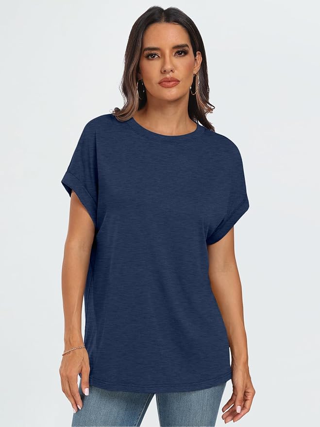 AUTOMET Women's Oversized Short Sleeve T Shirts Casual Drop Shoulder Rolled Cuff Summer Tops for Work, Travel and Lounge