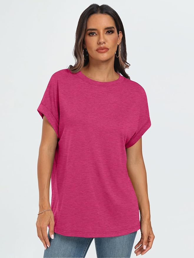 AUTOMET Women's Oversized Short Sleeve T Shirts Casual Drop Shoulder Rolled Cuff Summer Tops for Work, Travel and Lounge