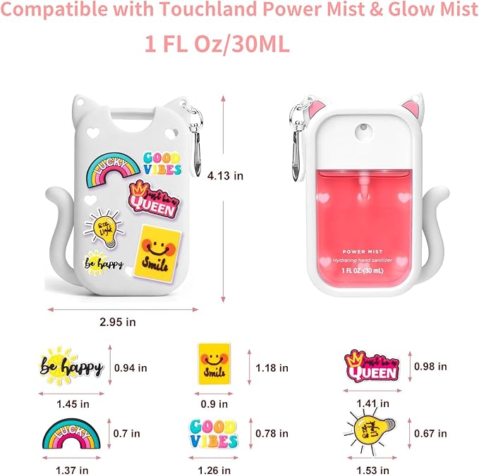 Silicone Case for Touchland Hand Sanitizer Spray, Compatible with Touchland 1 FL OZ/30ML with Keychain & 6 Charms, Cute Hand Sanitizer Travel Accessories, Mothers Day Gifts (White)