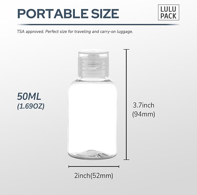 Lulupack Travel Bottles for Toiletries 1.6 oz - Travel Size Shampoo and Plastic Containers Tsa Approved - Empty Squeeze Sanitizer Lotion Toiletry - Refillable Hand Liquid Mini Bottles Clear 9PCS