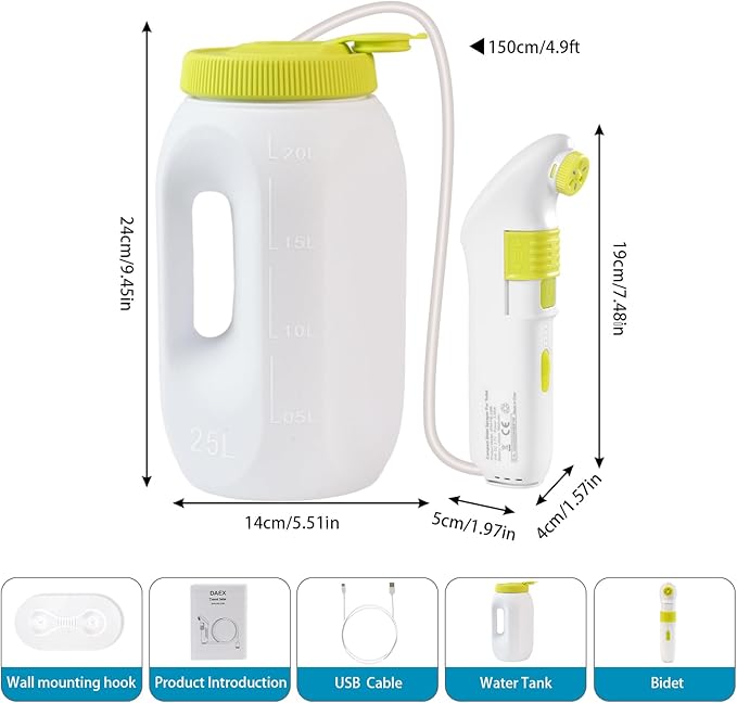 Portable Bidet for Travel – Electric High Pressure Rechargeable Bidet for Women & Men, 2.5L Bottle, 1600mAh Battery, 1300ML/min Strong Flow, Waterproof Personal Hygiene Sprayer for Travel & Home
