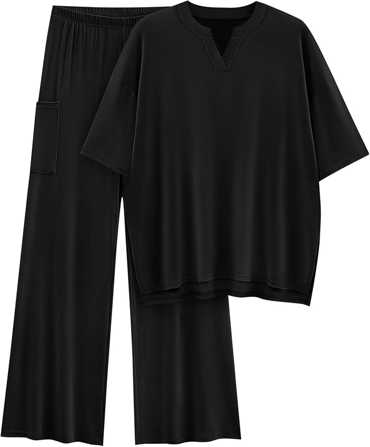 KIRUNDO Womens 2 Piece Matching Lounge Set Airport Travel Vacation Summer Outfits Oversized Short Sleeve Tops Wide Leg Pants