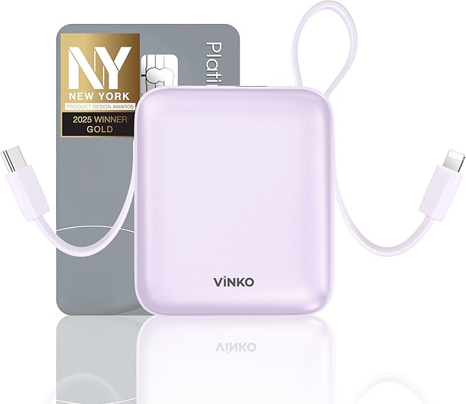 VINKO Portable Charger Power Bank with Built-in Cables, 22.5W Fast Charging 10000mAh Phone Charger, Small Travel Battery Pack with Smart LED Display for iPhone, Android & USB-C Devices(Purple)