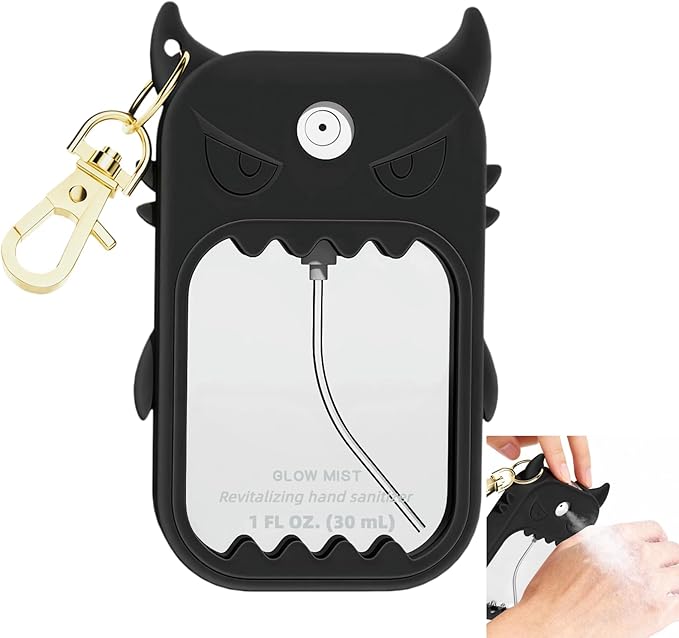 Hand Sanitizer Case Compatible with Touchland 1 Fl Oz, Cute Monster Silicone Spray Holder with Keychain for Bags, Black