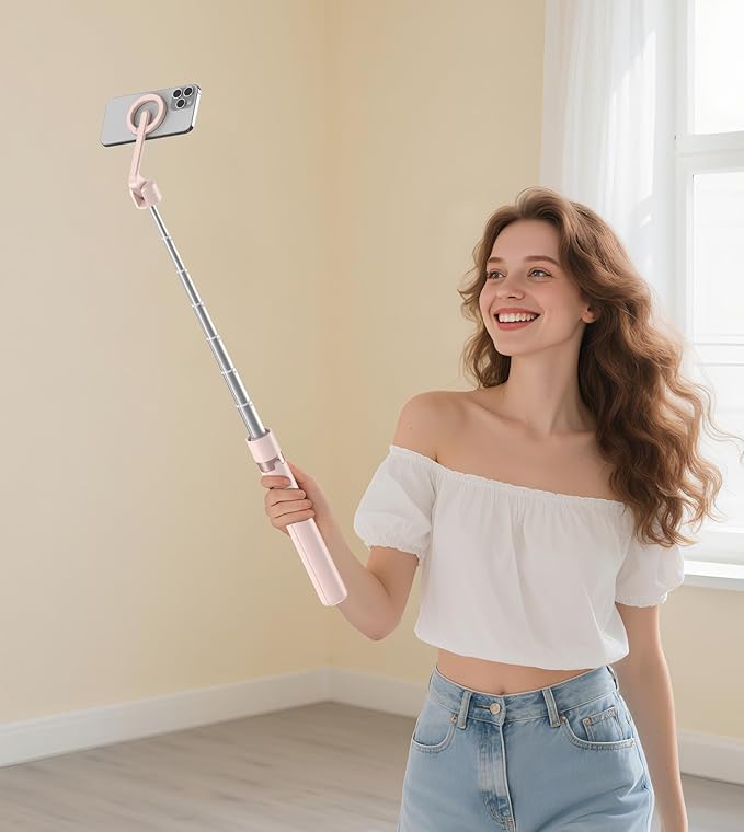 TONEOF 68" Magnetic Selfie Stick Tripod with Aluminum Strong Magnetic Holder for Magsafe, 360° Rotatable Travel Phone Tripod Stand with Metal Ring & Rechargeable Remote for iPhone/Android（Pink）