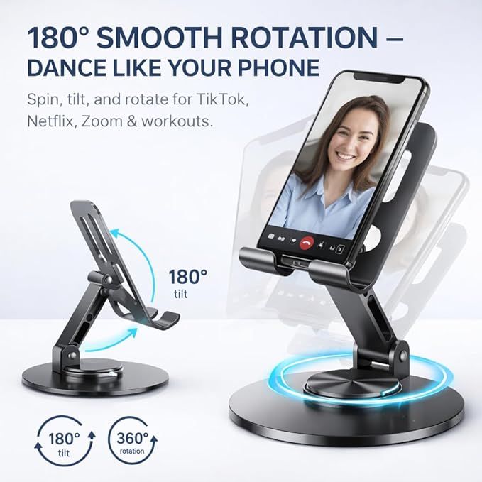 Mizi Universal Metal Phone Stand - 360°/720° Adjustable Rotation Desk Holder, Foldable & Stable with Non-Slip Weighted Base, Compatible with iPhone 17/16/15/14/13/12 Pro Max & All Smartphones - Grey