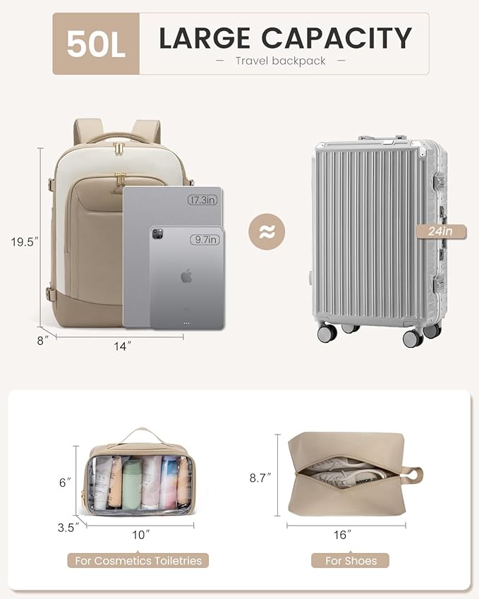 LOVEVOOK 50L Travel Backpack for Women Men, Large Carry on Backpack for Airplanes TSA Personal Item Travel Bag fits 17.3" Laptop, Waterproof Weekender Essentials Airline Approved with 2 Packing Cubes