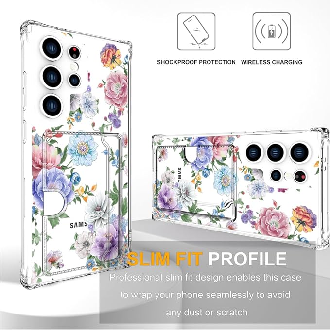 Compatible with Samsung Galaxy S24 Ultra Case Card Holder for Women Cute Design,Wallet Phone Cases Transparent Cool Kawaii Protective (Clear Amazing Lovely Flowers)