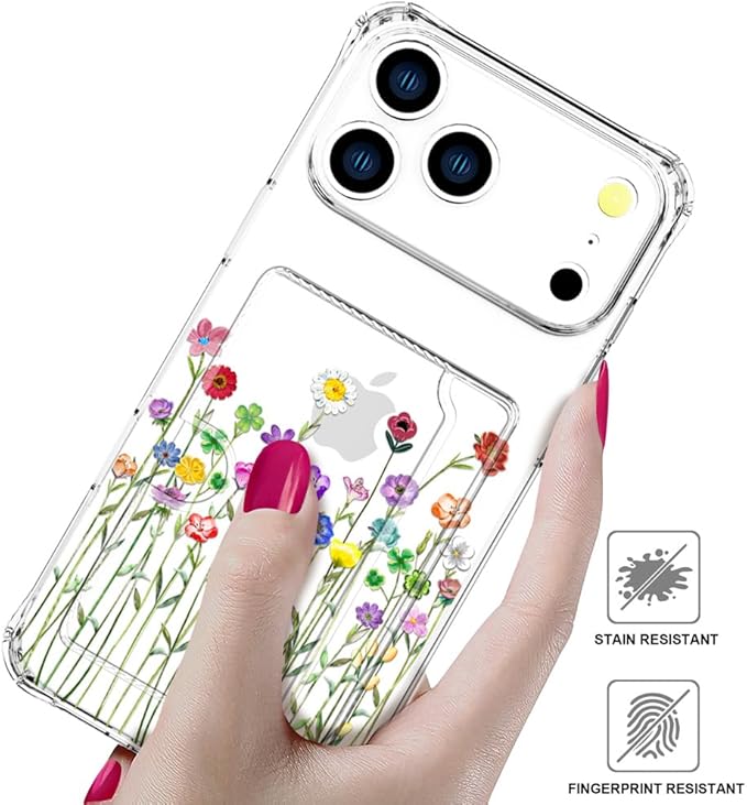 Compatible with iPhone 17 Pro Case Card Holder for Women Cute Design,Wallet Phone Cases Transparent Cool Kawaii Protective (Clear Flower Floral Bouquet)