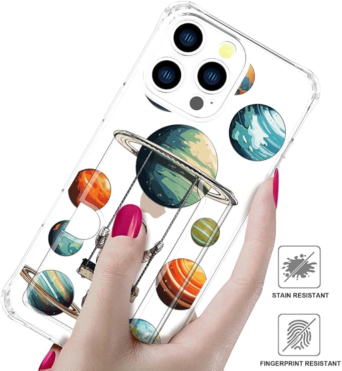 Compatible with iPhone 16 Pro Max Case Card Holder for Women Cute Design,Wallet Phone Cases Transparent Cool Kawaii Protective (Clear Astronaut Space Planets)