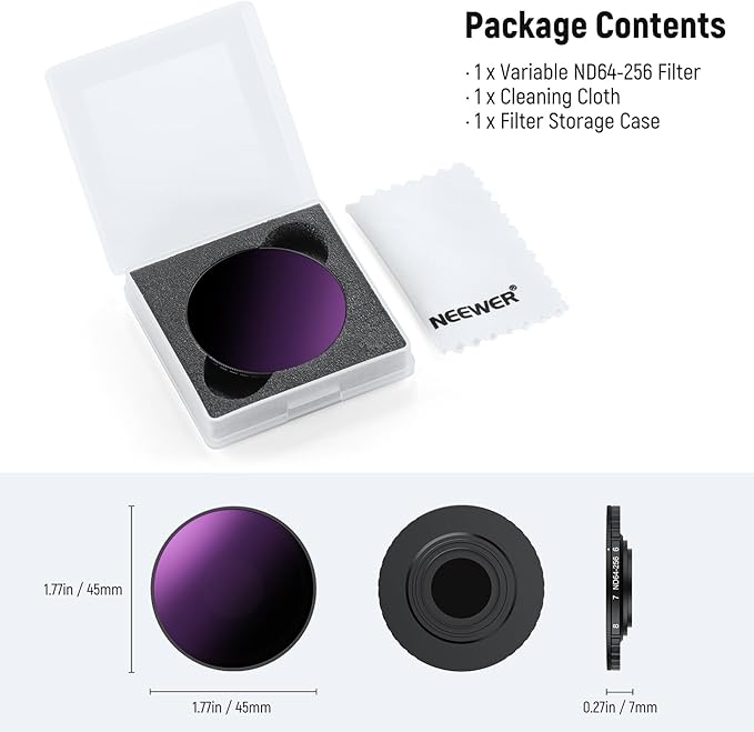 NEEWER Variable ND Filter Compatible with DJI Osmo Action 5 Pro & Action 4, ND64-256 (6-8 Stops) Screw On Neutral Density Lens Filter Multicoated HD Optical Glass Action Camera Accessories