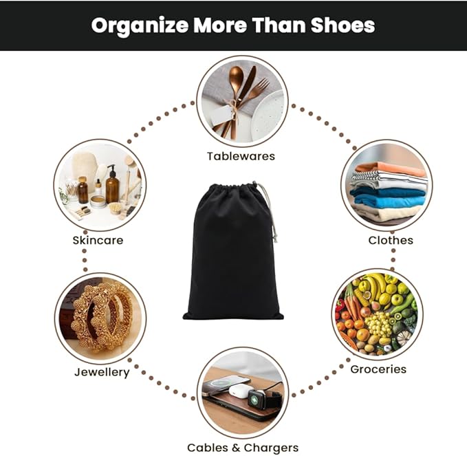 LFH Cotton Rich Shoe Storage Bags with Drawstring, Dustproof Breathable Reusable Organizer, Perfect For Travel, Dorm, Hotel, College, Gym, Machine Washable 12"x17" (Pack of 4) - Black sand