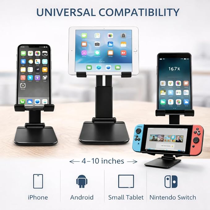 Mizi Portable Cell Phone Stand for Desk - Height & Angle Adjustable Mobile Foldable Holder, Compatible with iPhone 17 16 15 14 13 12 11 Pro Max, Galaxy S25 S24, All 4–10" Devices - Black