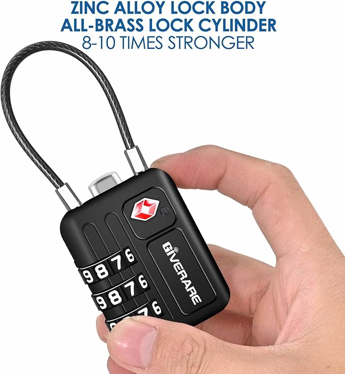 2 Pack TSA Approved Travel Luggage Locks, Metal Cable Combination Lock Alloy, Keyless 3-Digit Padlocks, Weatherproof TSA Accepted Padlock Toolbox Lock for Gym Locker, Golf Bag Case, Backpack, Black