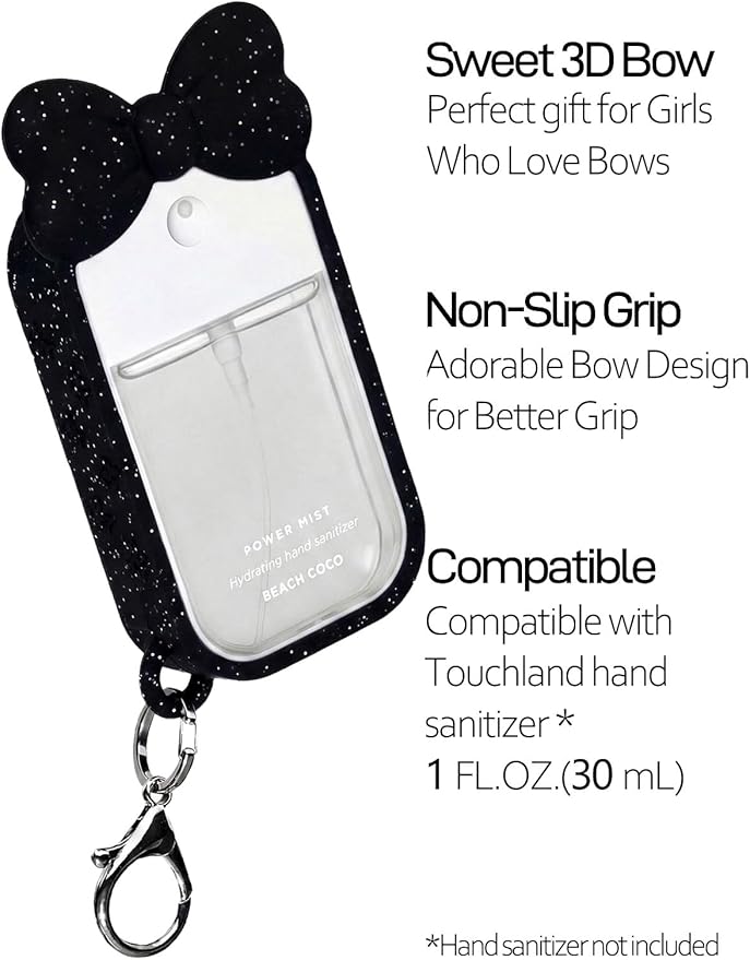 Silicone Bow Case Compatible with Touchland Hand Sanitizer Spray 1 oz (30 mL), Cute Holder with Keychain Clip, Gift for Girls