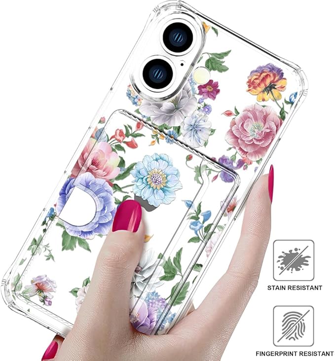 Compatible with iPhone 17 Case Card Holder for Women Cute Design,Wallet Phone Cases Transparent Cool Kawaii Protective (Clear Amazing Lovely Flowers)