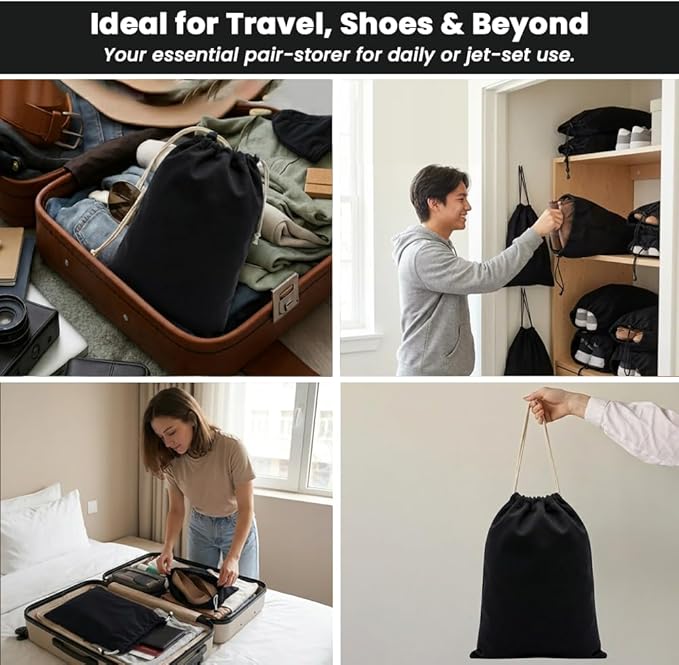 LFH Cotton Rich Shoe Storage Bags with Drawstring, Dustproof Breathable Reusable Organizer, Perfect For Travel, Dorm, Hotel, College, Gym, Machine Washable 8"x17" (Pack of 6) - Black sand