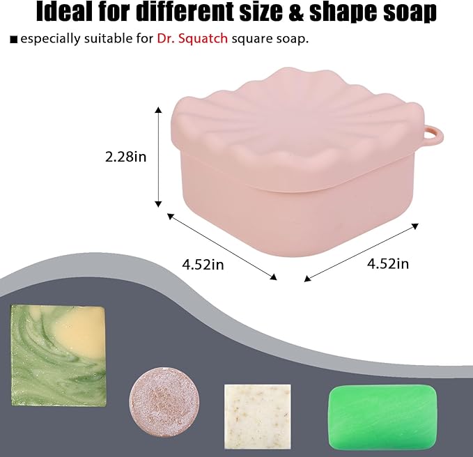 Travel Soap Case, Leakproof Soap Box Container, Square Shampoo Bar Case with Draining Layer, Slip-Resistant Portable Bar Soap Holder for Travel, Camp, Gym (Peach Pink)