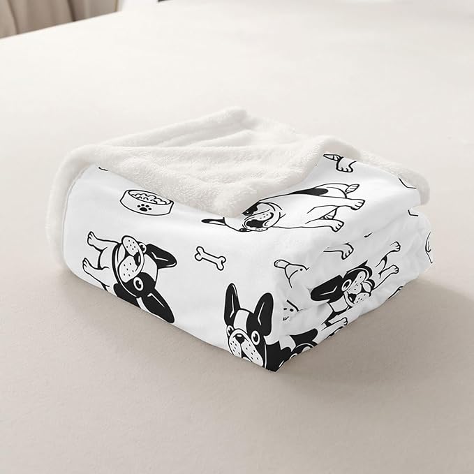 Cartoon Dogs Kids Throw Blanket,Bones Dogs Paws Cute Bed Blanket for Girls Boys Adults,Lovely Dogs Simple Style Fleece Blanket,Black White Chic Fuzzy Blanket,Twin Size (60 x 80 Inches)