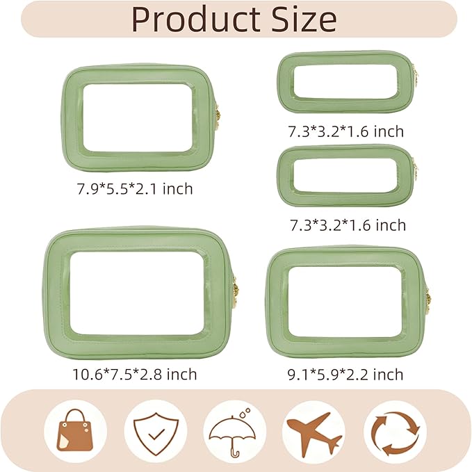 5PCS Diaper Bag Organizer Pouch Set, Clear Organizer Bags, TSA Approved Toiletry Bag, Clear Waterproof Cosmetic Bags with Zipper, Purse Organizer Pouches,Travel Organizer Bags for Woman and Kids Green