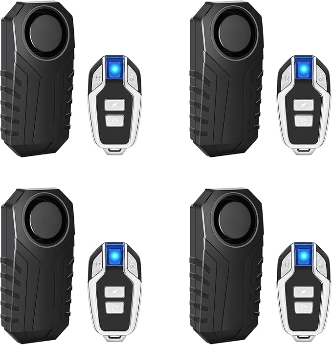 USUPERINK Motorbike Anti-Theft Alarm with Remote Control, Bike Alarm, Motorcycle Alarm, Bicycle Alarms with Remote, Bike Accessories Bicycle Security IP65 Waterproof, 113dB Super Loud, 4Pack