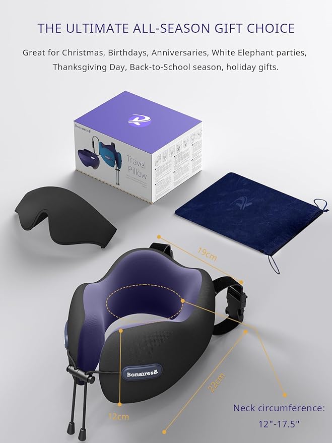 Travel Pillow, Neck Pillow Airplane with 3D Eye Mask & Seat Strap for Long Flight Sleep Road Trip, Dual-Density Supportive Foam, 360°Support Head, Neck & Chin Travel Essential Black & Purple