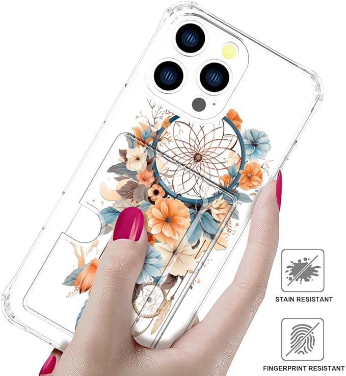 Compatible with iPhone 16 Pro Case Card Holder for Women Cute Design,Wallet Phone Cases Transparent Cool Kawaii Protective (Clear Dreamcatcher Dream Cather)