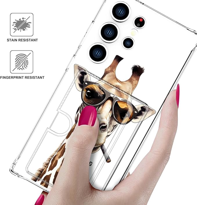 Compatible with Samsung Galaxy S24 Ultra Case Card Holder for Women Cute Design,Wallet Phone Cases Transparent Cool Kawaii Protective (Clear Giraffe Smoking Animal)