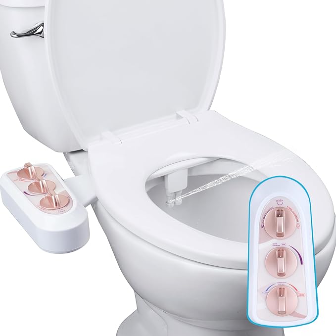 Hibbent Bidet Attachment for Toilet with Self Cleaning Dual Nozzle, Hot and Cold Water Spray Non-Electric Mechanical Toilet Seat Bidet for Rear or Female Washing Sanitizing, Rose Gold