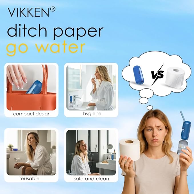 VIKKEN® Portable Travel Bidet USB-Type C Rechargeable Electric Mobile Handheld Ultra Strong Water Spray Personal Hygiene Self Care for Women & Men, iGo-X 250ml Blue