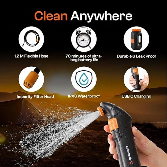 Portable Bidet for Travel & Camping – Electric High Pressure Rechargeable Bidet for Women & Men | 2.5L Bottle | 1300ML/Min Flow | USB-C | 1600mAh Battery | USA Brand – Spray Mate Jumbo (Black)