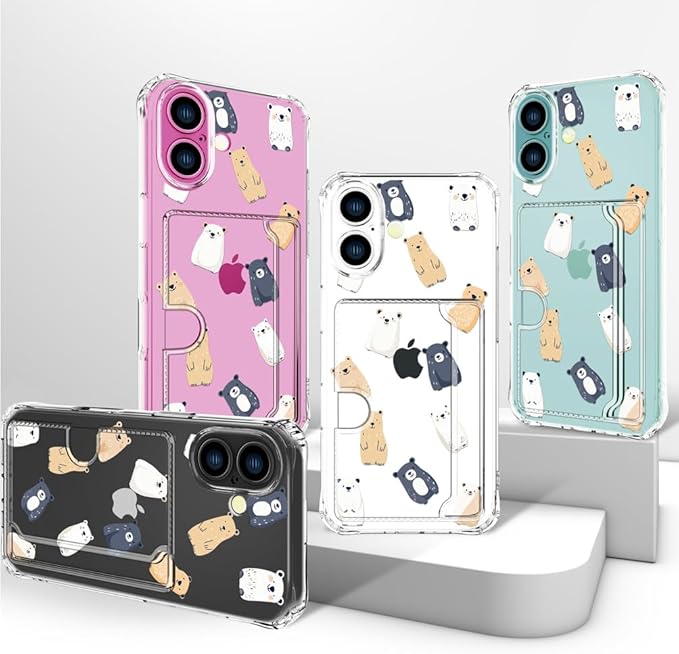 Compatible with iPhone 16 Plus Case Card Holder for Women Cute Design,Wallet Phone Cases Transparent Cool Kawaii Protective (Clear Lovely Bears Funny)