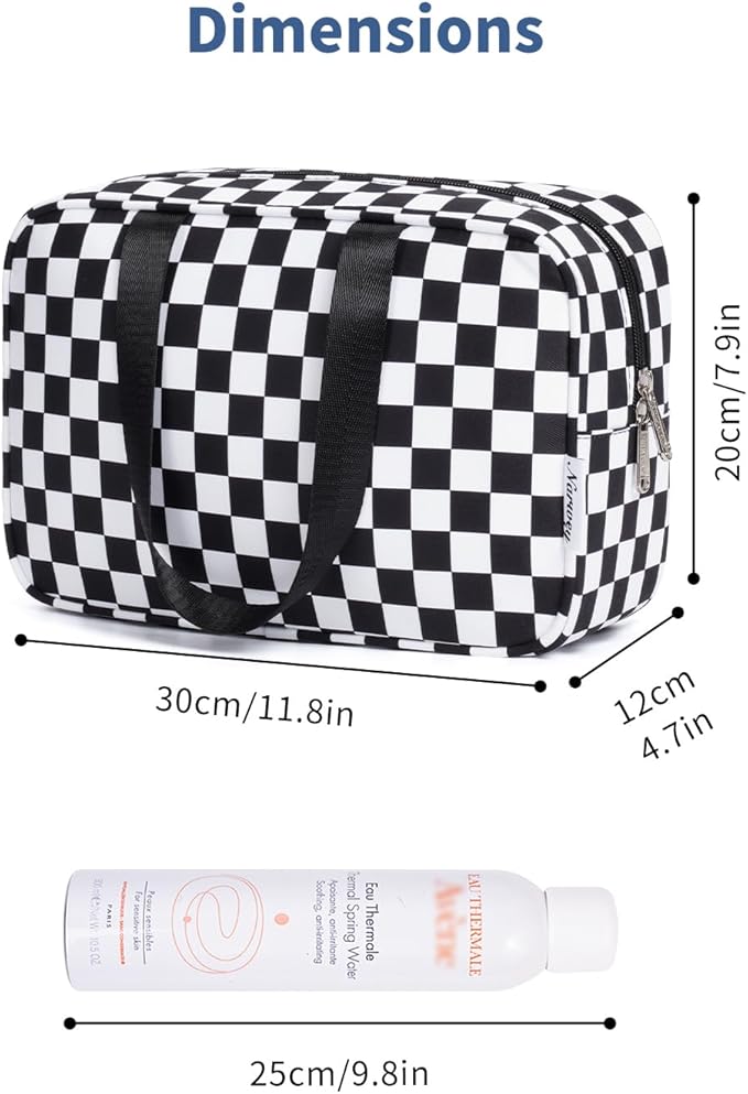 Narwey Large Toiletry Bag Women Cosmetic Bag Travel Makeup Bag Organizer Medicine Bag for Toiletries Essentials Accessories (Black Checkerboard, Large)
