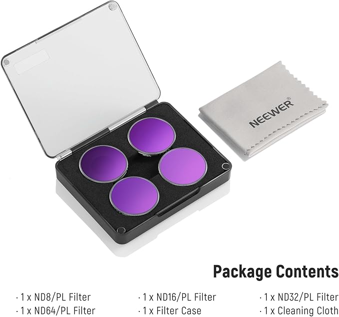 NEEWER ND/PL Filter Set Compatible with DJI Osmo Action 4/Action 5 Pro (4 Pack), Screw OnND8/PL+ND16/PL+ND32/PL+ND64/PL Filter Kit Action Camera Accessories Multicoated HD Optical Glass , FL-A14