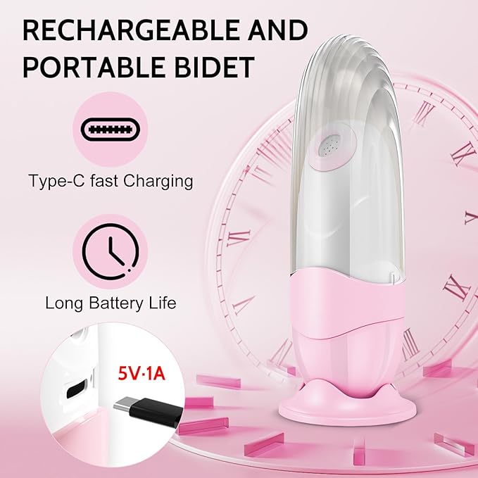 Portable Bidet for Travel Mini Handheld Bottle-Ready Jet Sprayer, Type-C Rechargeable with Gentle & High-Pressure Modes, On-The-Go Camping Toilet Hygiene for Women, Men & Babies（Pink）