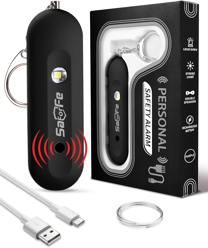 Personal Safety Alarm for Women - Waterproof Rechargeable Security Alarm - 140dB Extra Loud Siren with SOS Strobe Light - Self Defense Keychain for Women Girls Teens Seniors(Black)