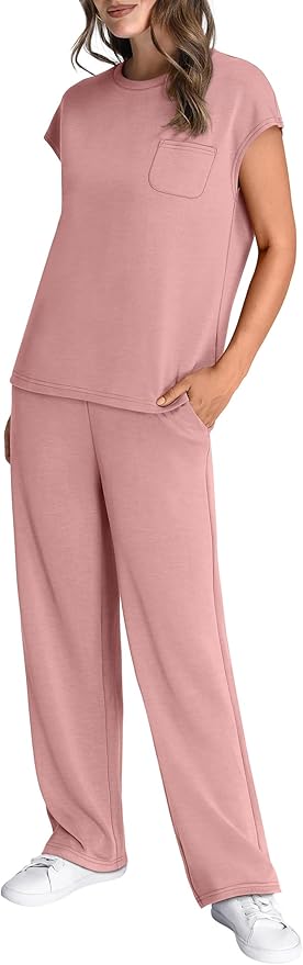WIHOLL 2 Piece Sets for Women Casual Summer Travel Vacation Outfits Cap Sleeve Lounge Set