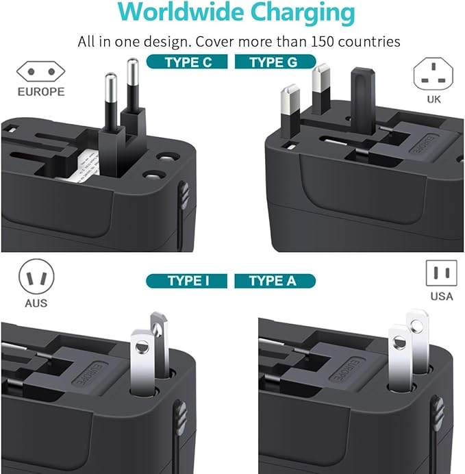Travel Adapter, Universal Power Adapter Worldwide Wall AC Power Plug Converter Travel Charger with Type-C and USB-A Charging Ports for USA EU UK AUS Mobile Phones, Tablets, MP3s and Shavers