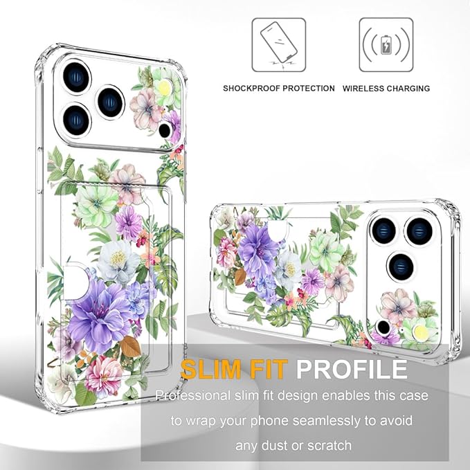 Compatible with iPhone 17 Pro Case Card Holder for Women Cute Design,Wallet Phone Cases Transparent Cool Kawaii Protective (Clear Impressive Flowers)