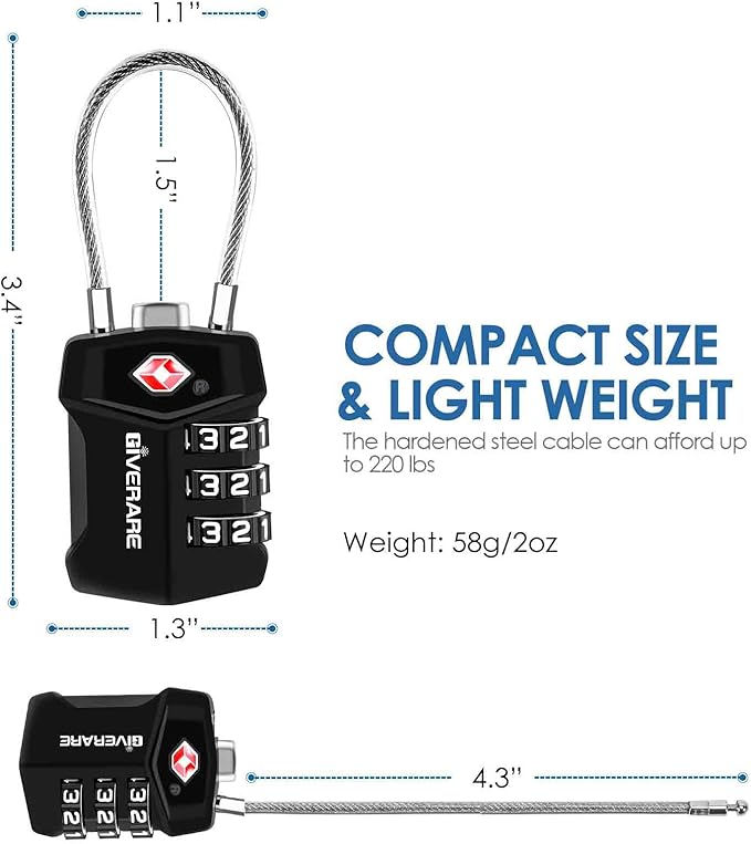 2 Pack TSA Approved Travel Luggage Locks, Cable Combination Lock Alloy, Metal Keyless 3-Digit Padlocks, Weatherproof TSA Accepted Padlock for Gym Locker, Golf Bag Case, Backpack, Black-by GIVERARE