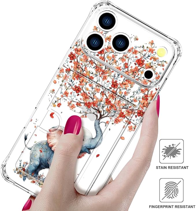 Compatible with iPhone 17 Pro Max Case Card Holder for Women Cute Design,Wallet Phone Cases Transparent Cool Kawaii Protective (Clear Elephant Creating Flowers)