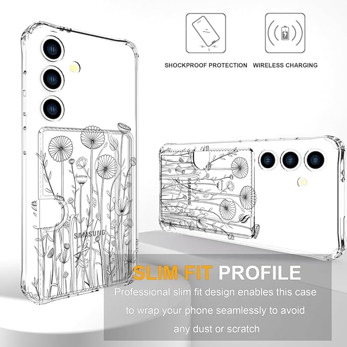 Compatible with Samsung Galaxy S24 / S25 Case Card Holder for Women Cute Design,Wallet Phone Cases Transparent Cool Kawaii Protective (Clear Black Flower Bouquet)