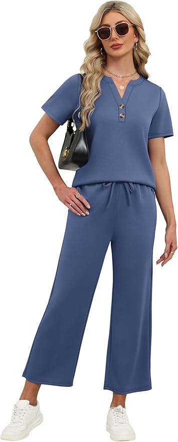 OFEEFAN 2 Piece Sets for Women Spring Fashion Beach Vacation Cruise Outfit Dressy Casual Wide Leg Crop Pants Resort Wear